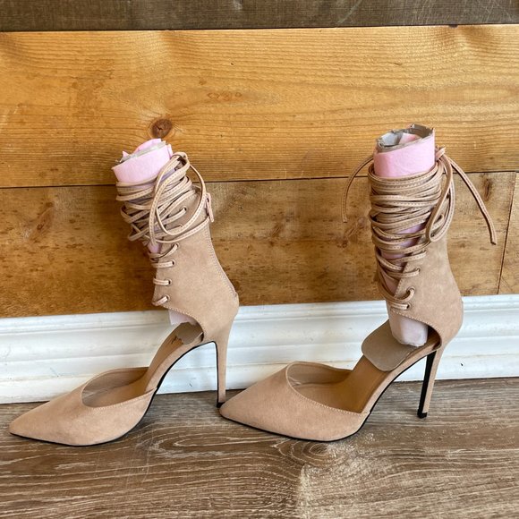 Nasty Gal Raft Heel Womens 7.5 Beige Sexy Ankle Tie Lace Up High Pointed Toe - Picture 3 of 8